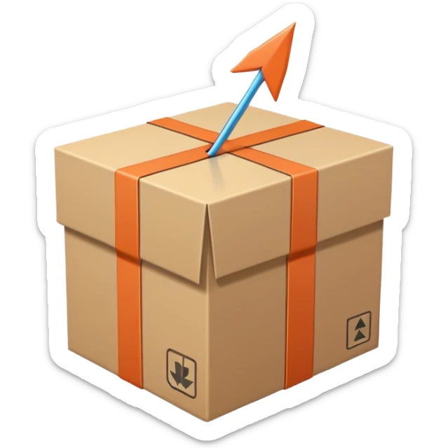 Minimal line-art icon of a shipping box with an arrow going up or a price tag, simple modern style, clean outlines, slightly 3D, no background, transparent, represents “reselling / e-commerce / flipping items” sticker