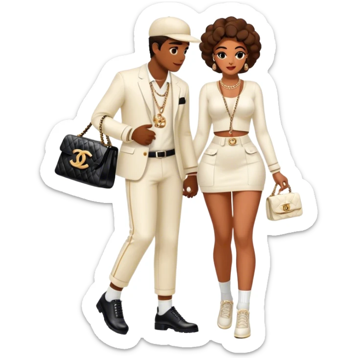 Man living his dream with a pretty Brownskin big booty woman wearing a Chanel outfit and Chanel bag. The man has on an Off-White outfit down to the shoes and socks sticker