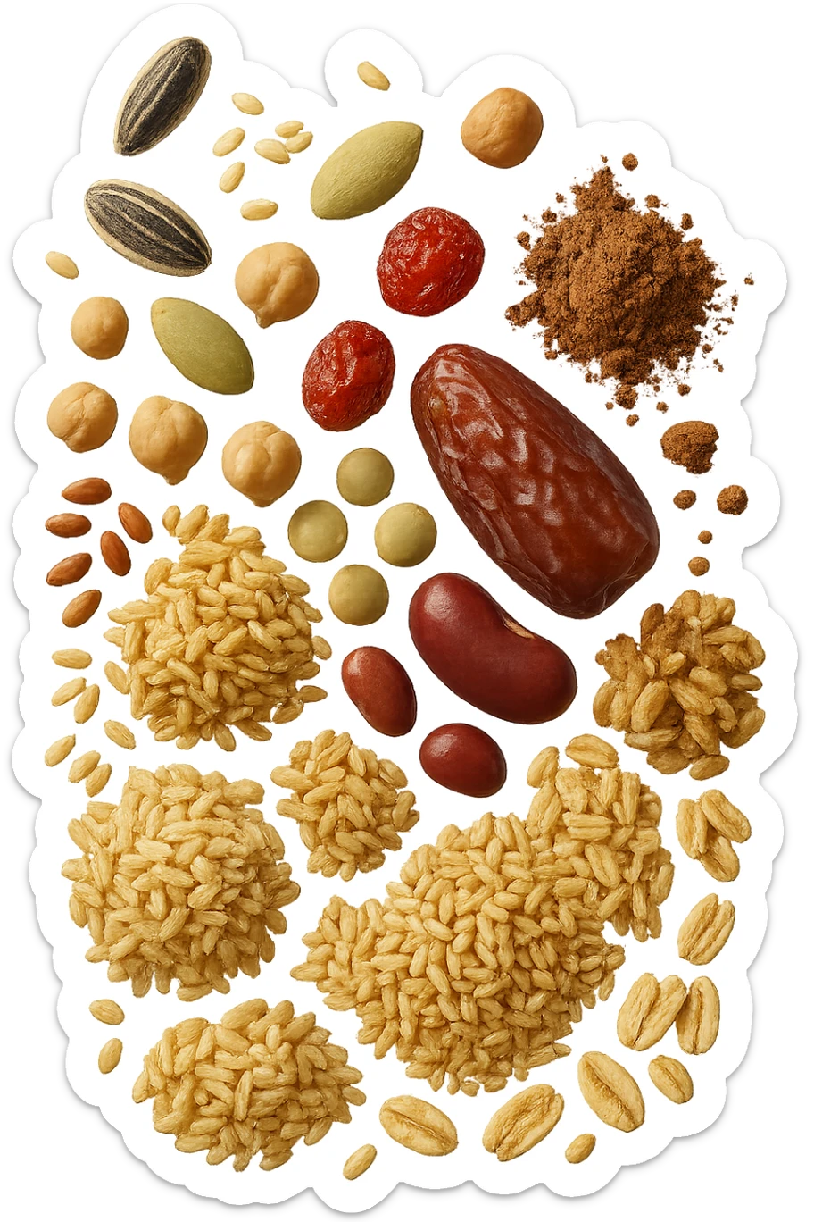 semi, frutta secca, legumi, cereali integrali, cacao amaro fluttuano in aria , iperrealistici 4k sticker