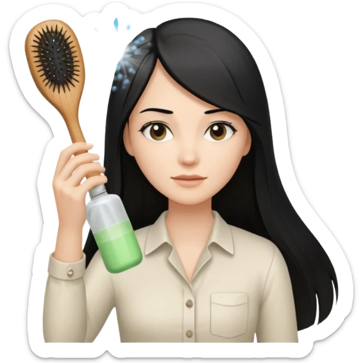 A white woman with long, straight black hair, wearing an ivory-colored shirt, holding a small square wooden paddle hairbrush in her left hand and spraying a hair mist bottle with her right hand toward her hair. sticker