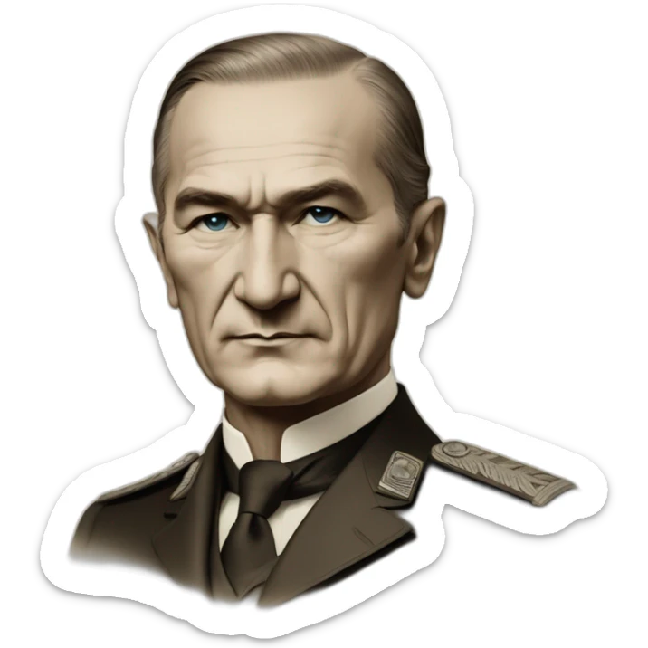 a portrait of mustafa kemal ataturk with blue eyes looking at turkey flag sticker