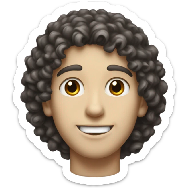 A tall boy with pale skin and dark curly hair, dark beautiful eyes, big nose and small red lips, smiling and standing still. sticker