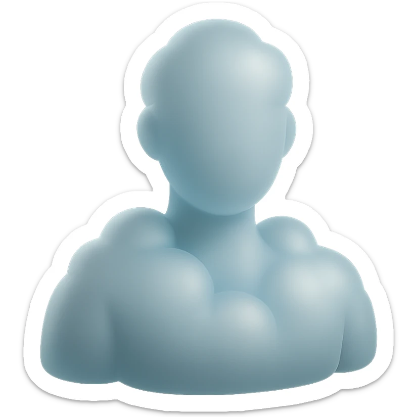 shoulder-up person fully made of white fluffy convex clouds, matte glass style, no background sticker