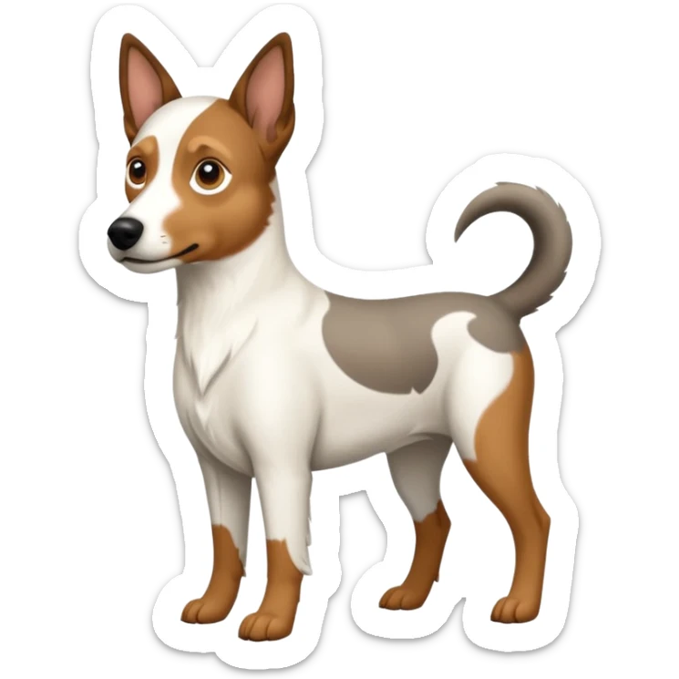 a full body large white floppy eared parson russell looking dog the size of a kelpie with light brown ears and a light brown patch on one eye and a large snout sticker