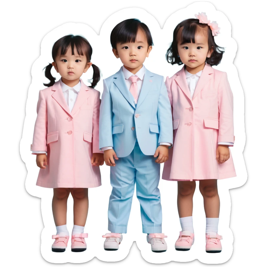 triplet toddlers with two girls in pastel pink clothes on each side and a boy in pastel blue suit in the middle sticker