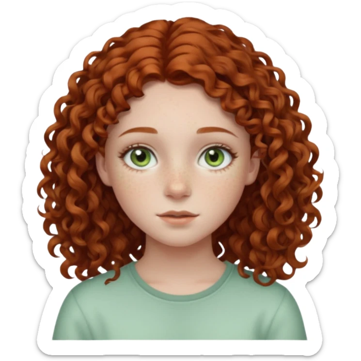 pale teen girl with light green eyes and freckles that has curly auburn hair in a middle part sticker