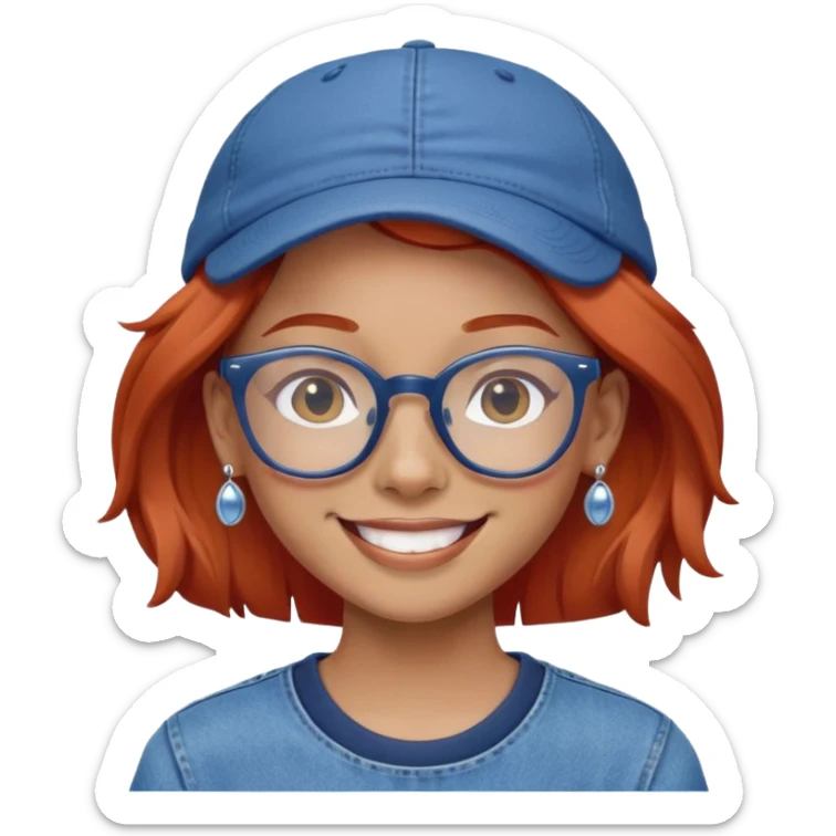 Young person with red hair, glasses, earrings and a wonderful smile, wearing blue clothes, jeans and a cap sticker