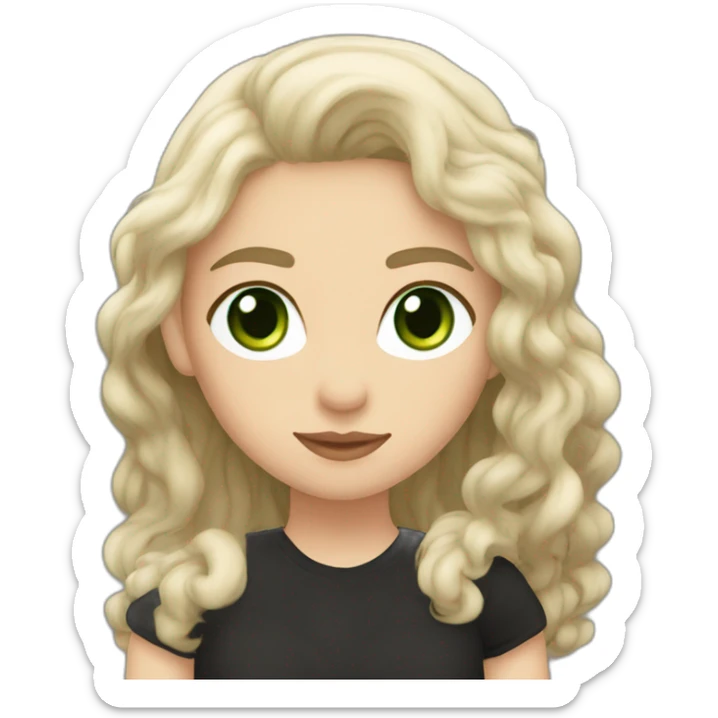 Daenerys with wavy light brown hair and green eyes in a black t shirt sticker