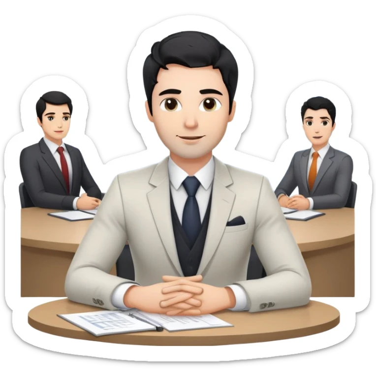 Professional 35-year-old business consultant with black wavy hair, stubble, strong jawline, white skin tone, wearing smart casual business attire, sitting at a table with clients, gesturing confidently while explaining a business strategy sticker