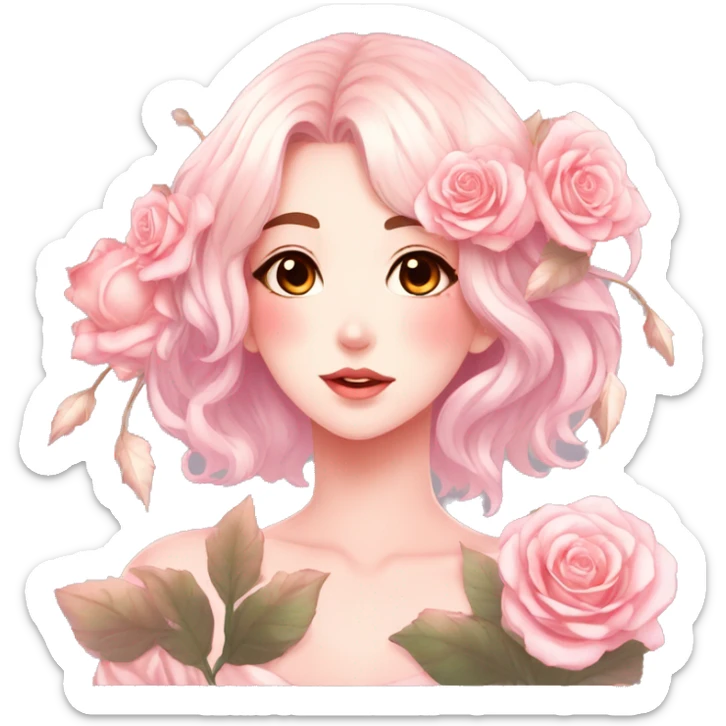 Gorgeous shiny pastel anime style lady with blushing face and roses leaves shiny aesthetic trending style sticker