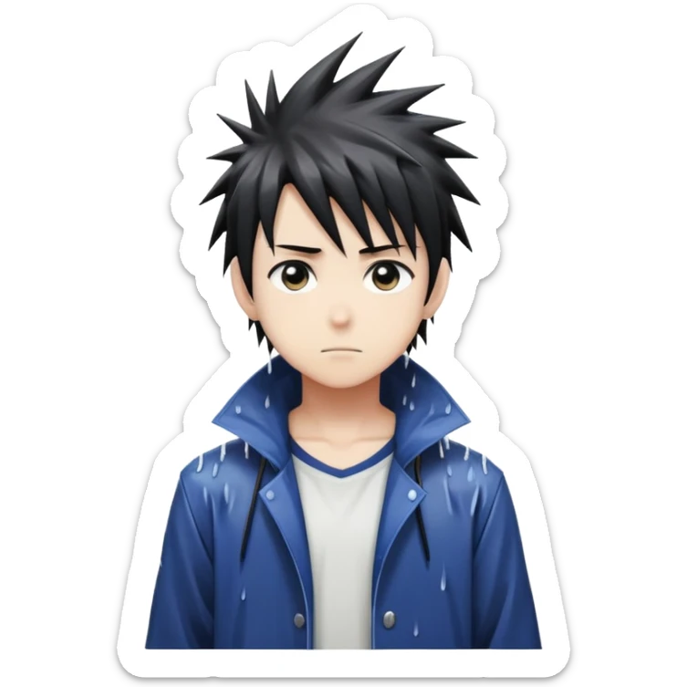 Anime-style boy with spiky hair standing alone in the rain, anime aesthetic sticker