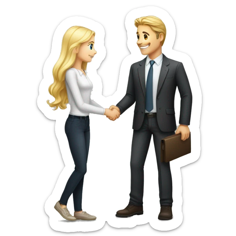 A 40-year-old fair-skinned businessman shakes hands with an 18-year-old fair-skinned blonde girl, full-length emoji sticker