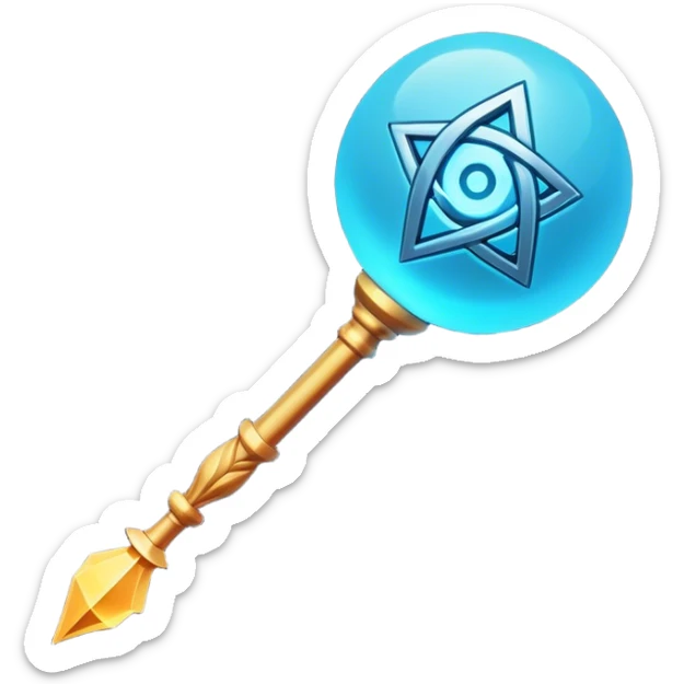 Clash of Clans aesthetic: Cinematic Playful Magic Staff Emoji, rendered in a 3D vector-style similar to standard emojis with minimal shading and bold, simplified shapes. A compact, isometric enchanted staff with intricate runic carvings and a glowing orb at its tip, softly glowing with a mystical arcane charm. Simplified yet unmistakably iconic, highly detailed and consistent, glowing with a soft radiant glow and high shine. Stylized with a touch of legendary sorcery and a soft glowing outline, capturing the essence of a powerful magic staff with a friendly, playful vibe! sticker