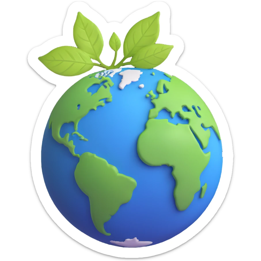 A single green leaf resting gently on top of a vibrant, round Earth globe. The focus is on the leaf and the globe with a simple background and soft natural lighting sticker