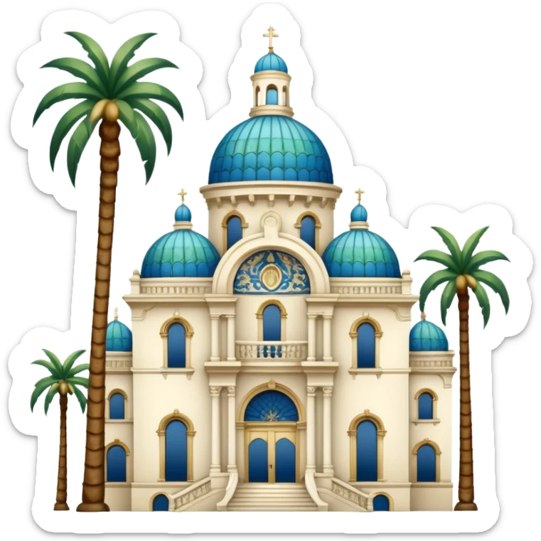 California Building with ornate blue, gold, and green tile dome and adjoining slender California Tower, ornate tiers with arched openings, balustrades, decorative baroque stonework, Spanish Colonial Revival style, palm trees, simple sticker