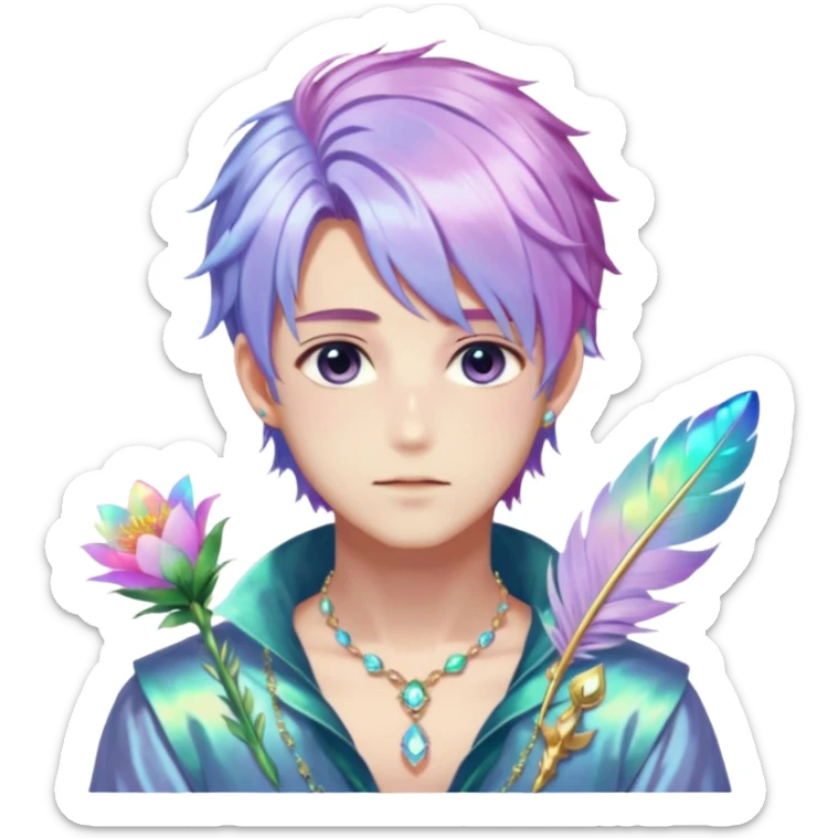 Beautiful gorgeous anime guy with beautiful iridescent-special-hair, fashion aesthetic, ethereal, fairycore, pastelcore, feather, flower, gems, accessories, jewelries, gold, colorful sticker
