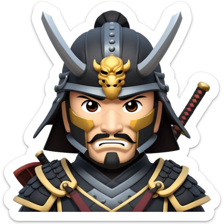 clash-of-clans-aesthetic_-cinematic-fearsome-and-majestic-samurai-bust-portrait-emoji, rendered in a flat, vector-style with minimal shading and bold, simplified shapes typical of emoji art, depicting a battle-hardened samurai with black mask and traditional black Japanese armor. The samurai is riding a noble grey warhorse adorned with an intricately designed saddle and fluttering banners and a rising sun. a samurai on a   horse sticker