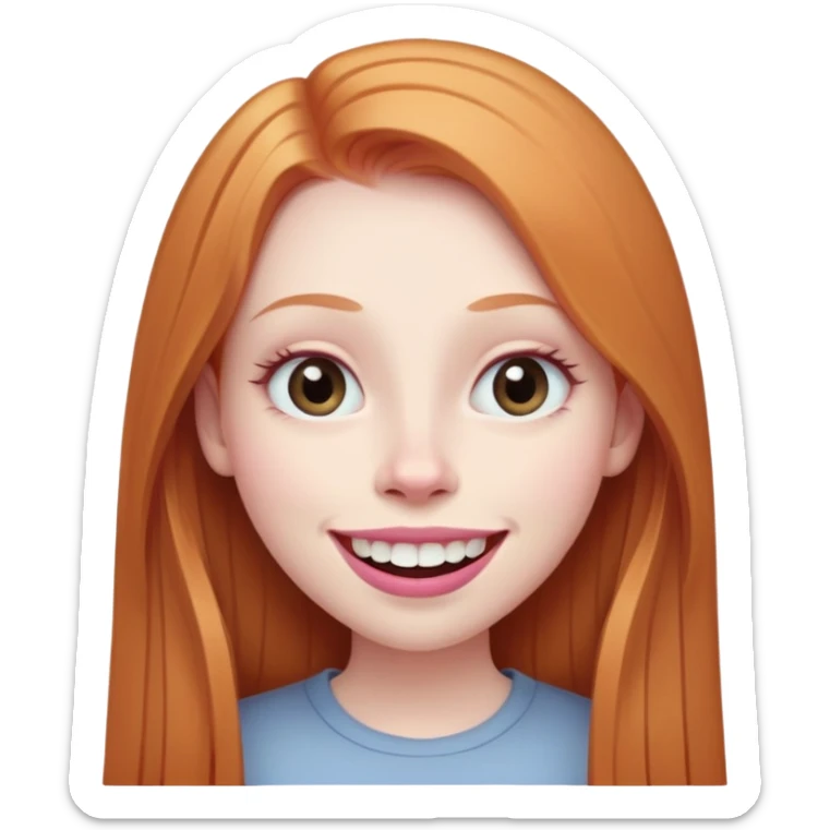 traditional emoji of young girl with very pale skin, long straight muted ginger hair, elongated oval face, bigger human-like eyes positioned close together, wide nose, full pink lips with a big smile showing extremely large and prominent teeth, less intense expression sticker