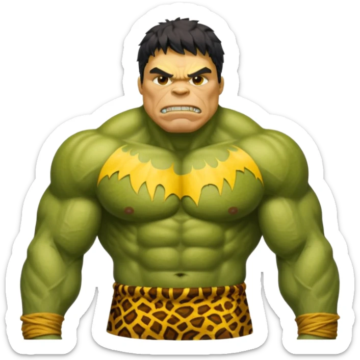 a Hulk wearing ancient animal skin cloth, half body, icon, yellow skin sticker