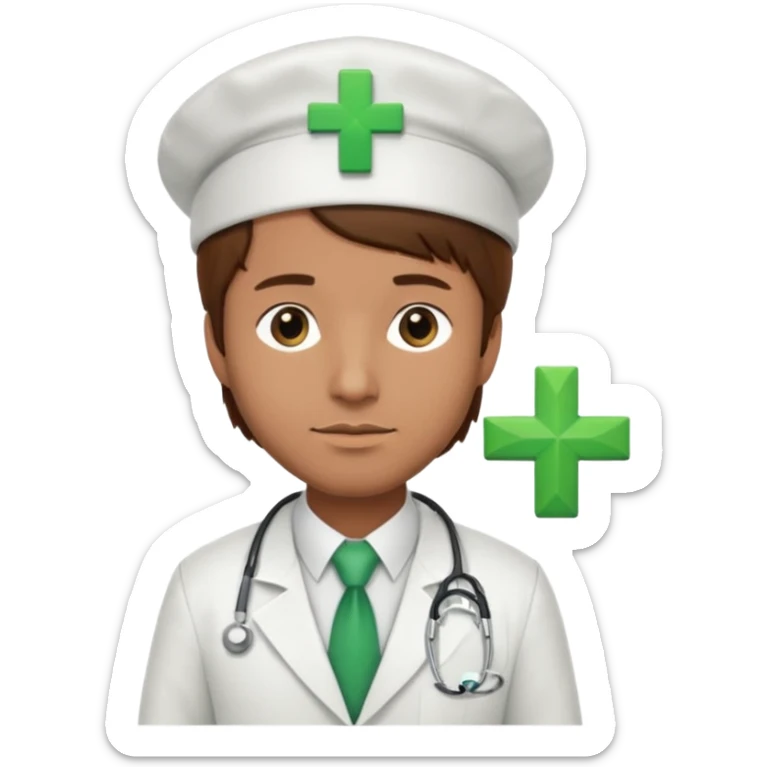 a doctor in white suit with a doctor hat with green cross brown hair man sticker