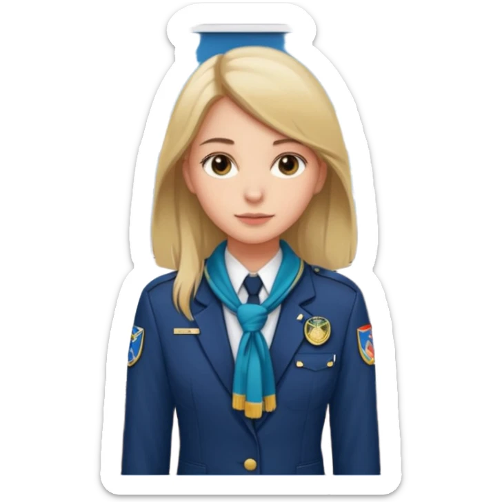 Reception Young girl, straight hair, wearing uniform jacket with hotel name badge, tasteful scarf, stand behind the desk

 sticker