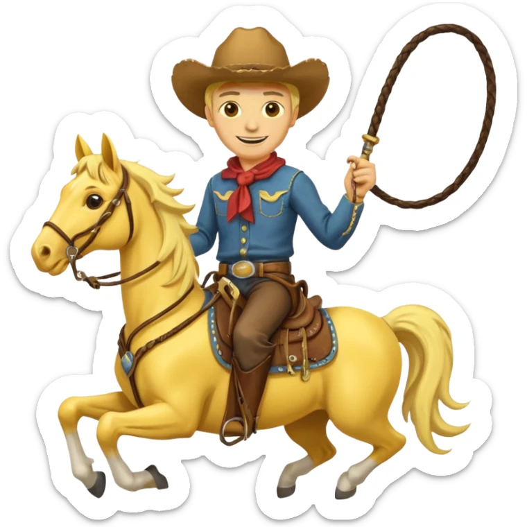 Cowboy riding a horse with whip. With yellow skin and smilling. Simplize it and I need a full pic with horse. Like I need the leg part too sticker