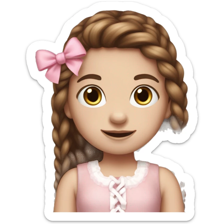 Little Girl with White skin, blue eyes. Long brown hair with two braids and two pink bows in it. She is wearing a pink and White dress, standing and holding on to a teddybear. sticker