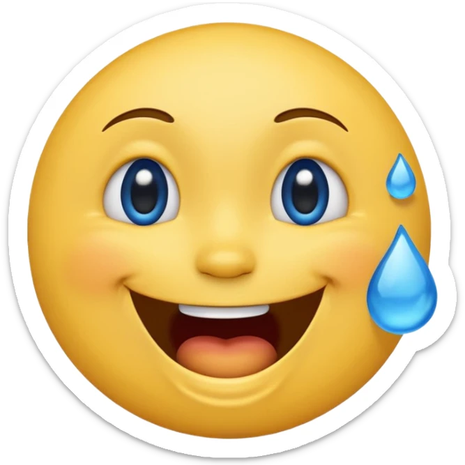 Emoji, yellow round laughing tilted head face sideways with blue tears of fun sticker