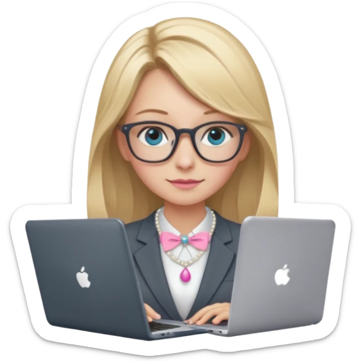 Please take the girl with laptop emoji and make her glassess light brown, her eyes ocean blue and her nose a bit smaller and pointier and she has blonde very long hair and a dark grey suit and pearls necklace, and has a laptop in fron of her and a tiny pink bow on the left side of her head sticker