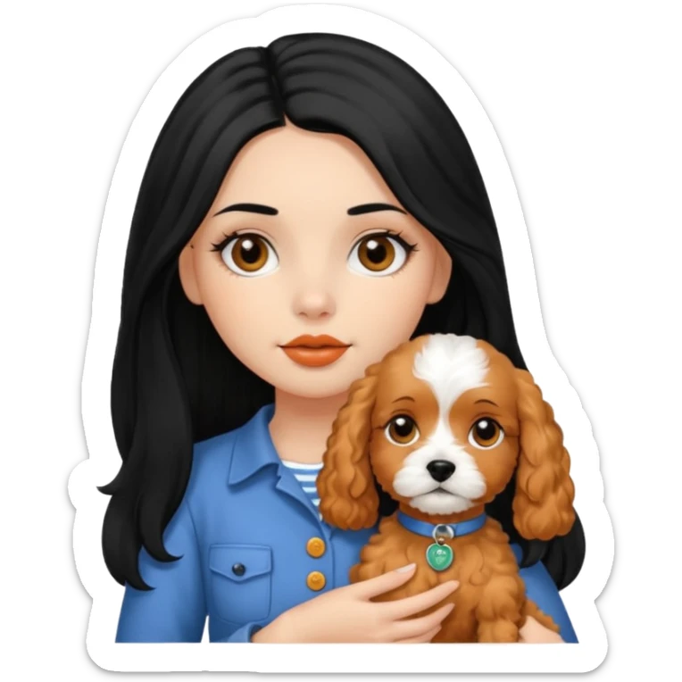 Italian girl long straight black hair black eyes button nose full lips holding apricot Cavapoo dog sticker