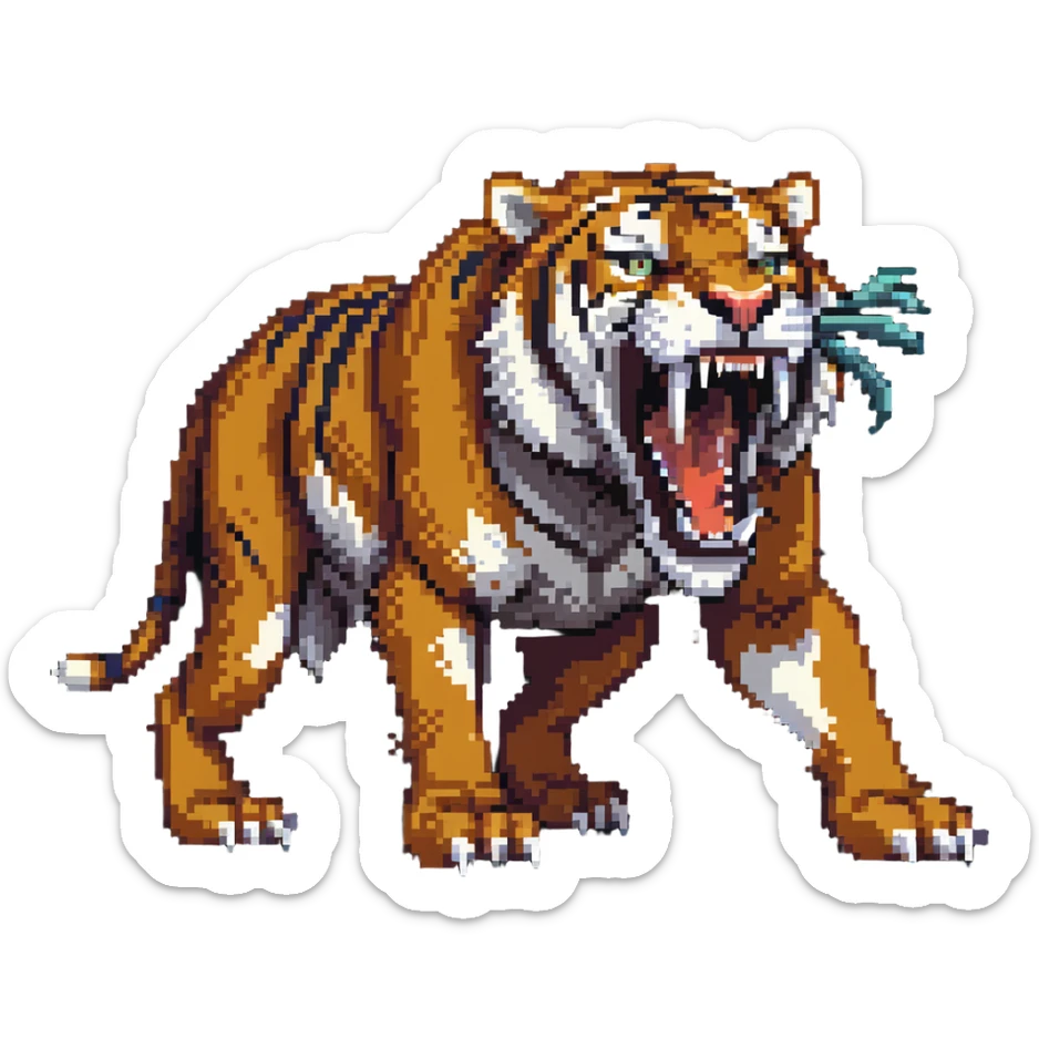 saber-toothed tiger with a miniature body and massive 8-inch-long canine teeth, extremely exaggerated fangs extending far from tiny head sticker