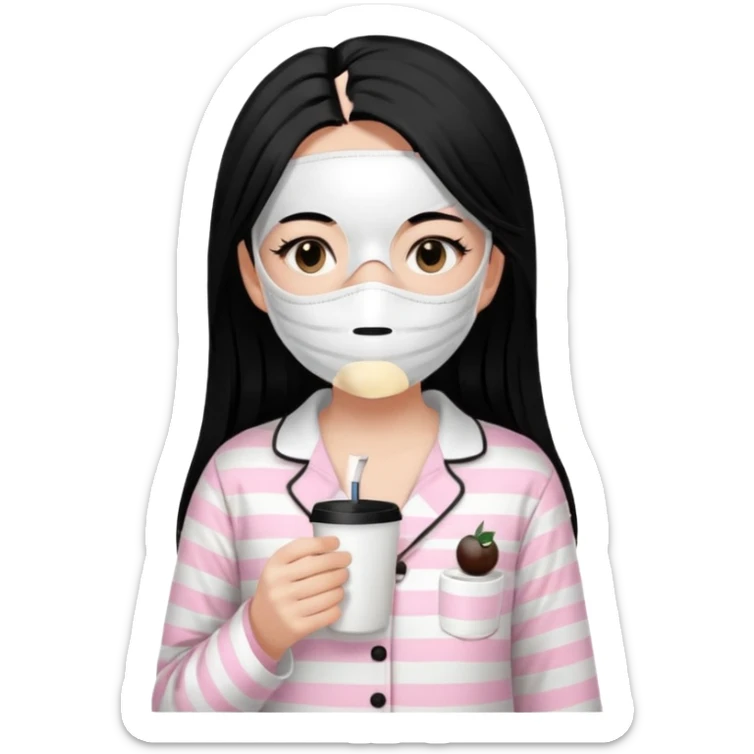 chica de pelo lacio color negro cabellera larga piyama blanca con rayas rosa claras peo no tan claras no oscuras el bordado es negro al igual que los botones )tiene una mascarilla para la carablanca y sostiene y cafe con bolitas nedras al dondo con unsorbete tranparente y es de test blanca  sticker
