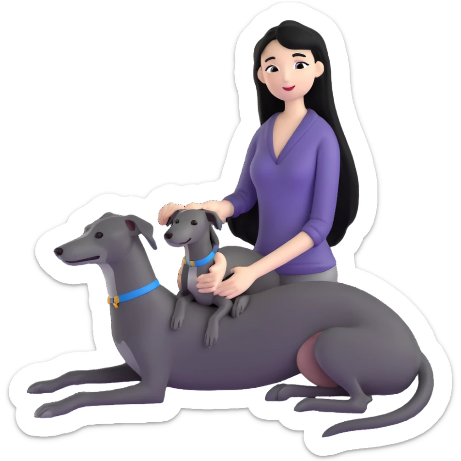Very thin Chinese woman with long black hair relaxing in a luxurious hotel suite with exactly ONE whippet dog. EXTREME IMPORTANCE: the whippet must be ONE SOLID VERY DARK CHARCOAL GREY COLOR from nose to tail with ABSOLUTELY NO WHITE MARKINGS anywhere - NO white on face, NO white on muzzle, NO white on chest, NO white on paws, NO white on tail - NOTHING BUT A SINGLE SHADE OF VERY DARK GREY throughout the entire animal sticker