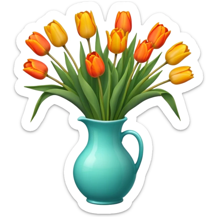 Bouquet of orange and yellow tulips in turquoise glass vase sticker