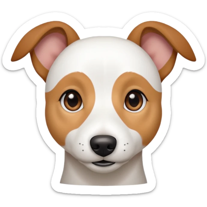 a fully white jack russell the size of a kelpie with floppy ears and a half white face sticker