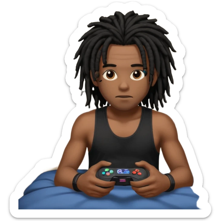 my black boyfriend in his bed with a black singlet on playing video games black dreadlocks  sticker