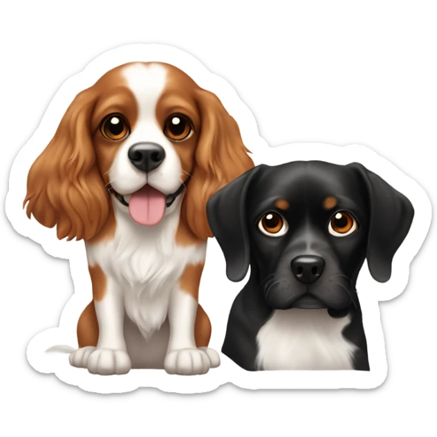 2 dogs, one small cavalier king charles with brown and white fur and one big black lab the small one on top of the big one  sticker
