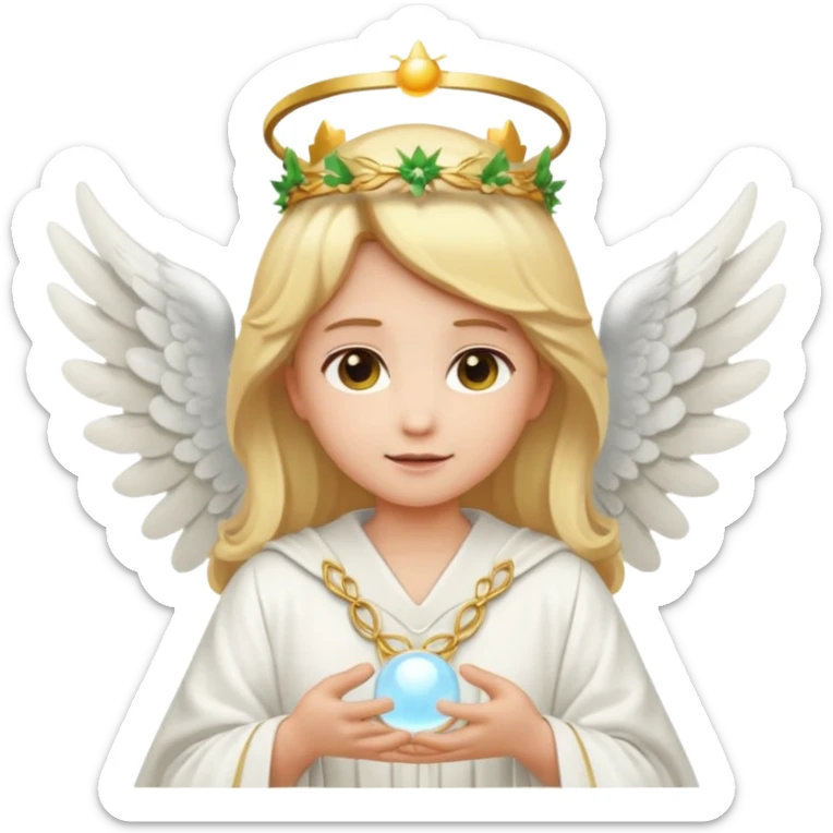 Emoji-style angel: blonde hair, laurel crown, halo, white wings, white robe, glowing orb, soft cute emoji look. sticker