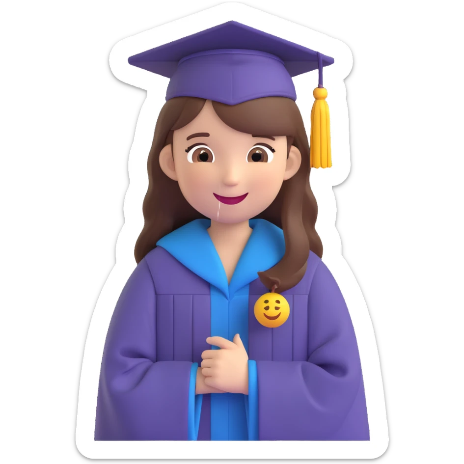 girl with long brown hair in graduation clothes with hat and robe smiling, emoji style sticker