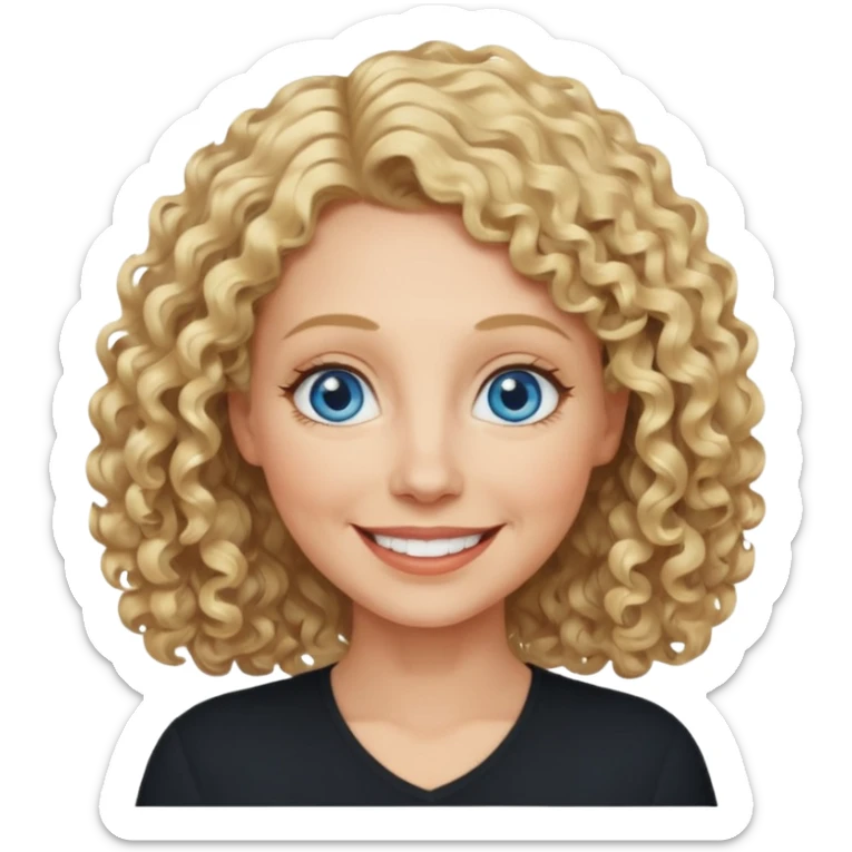 Middle aged woman with blonde curly shoulder-length hair, big blue eyes, wide smile, black shirt sticker
