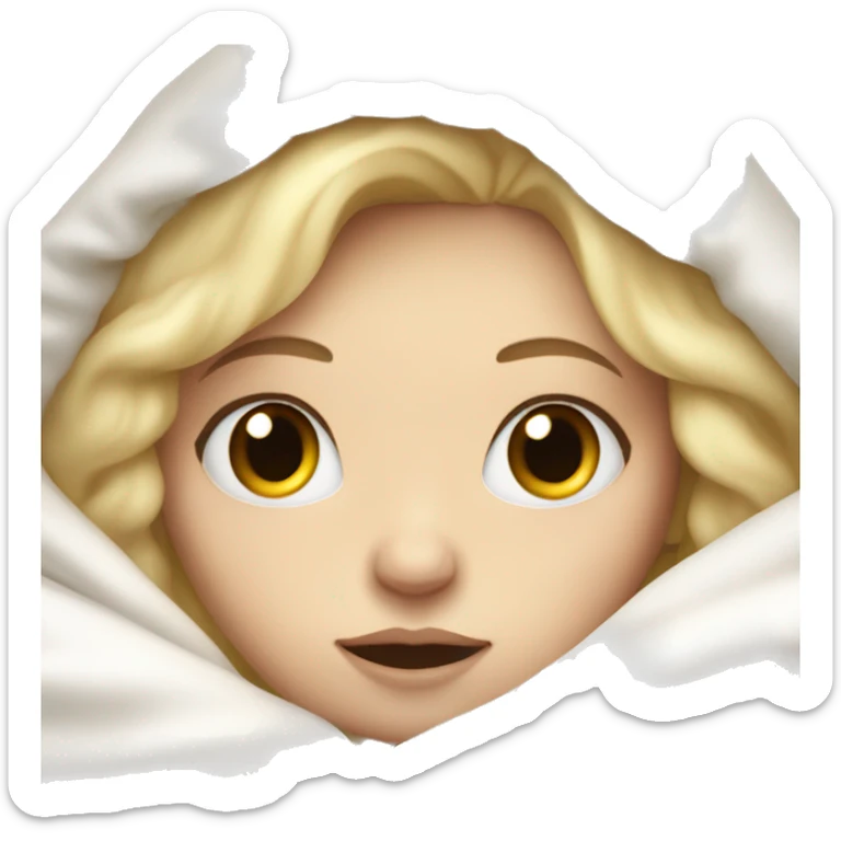 Pale Girl with blonde hair laying down cozy in a white blanket sticker