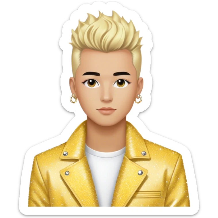 TheBlondeJon (Jon Madrid) TikTok influencer / music artist / entrepreneur with blonde frohawk wearing yellow sparkle glitter Dior jacket sticker