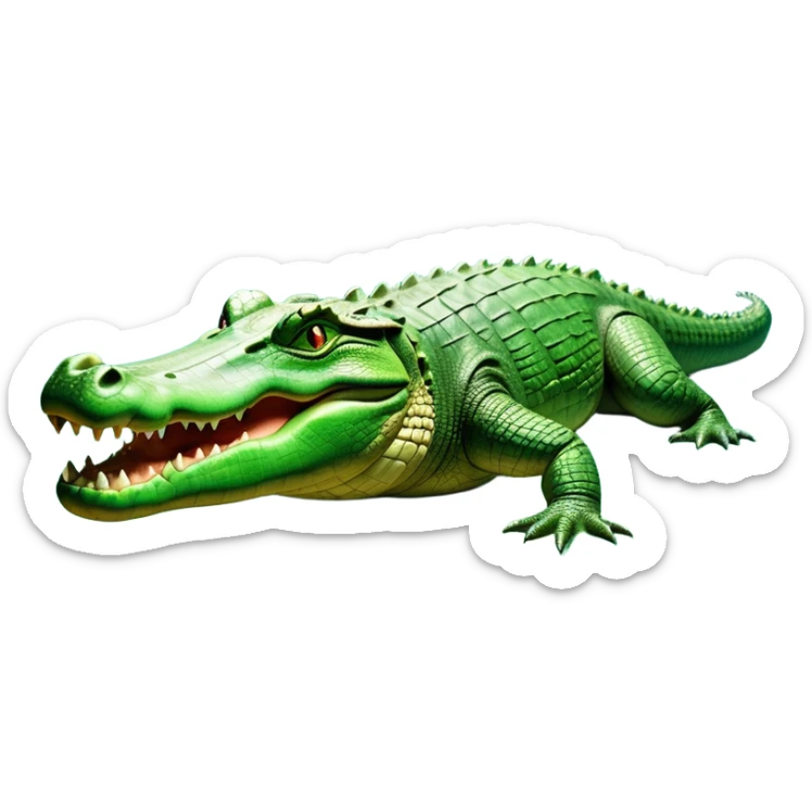 cinematic-crocodile-realistic-full-body-lounging-emoji,-massive-scaled-body-partially-submerged-in-shallow-water,-head-tilted-dramatically,-rough-green-and-brown-hide-textured-with-deep-ridges,-simplified-yet-realistic-focused-features,-highly-detailed,-glowing-with-an-almost-sarcastic-glow sticker