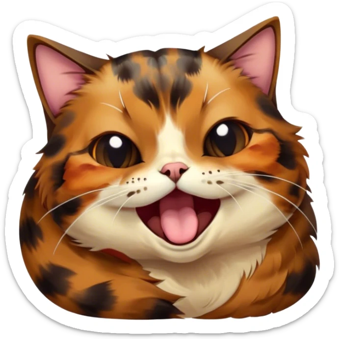 Cinematic Cute Yawning Tortoiseshell Cat Portrait Emoji, Head slightly tilted with a wide, adorable yawn and half-closed, dreamy eyes, featuring a warm, mottled fur of rich browns and blacks, simplified yet irresistibly cute, highly detailed, glowing with a soft, slumbering radiance, high shine, exuding a relaxed, drowsy charm, styled with a gentle, soft glowing outline, capturing the essence of a tortoiseshell cat in a precious moment of sleepy delight! sticker
