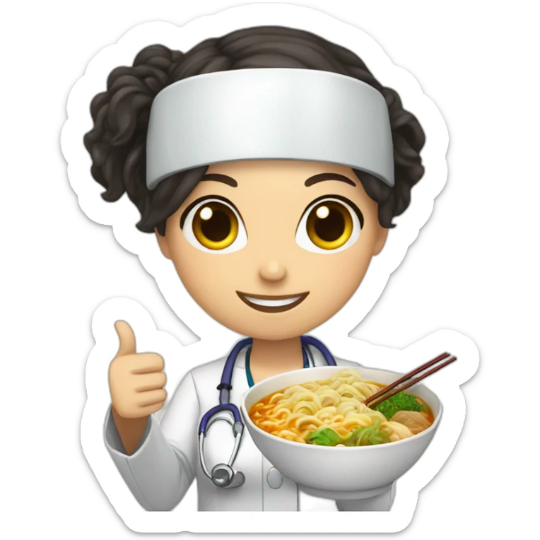 female doctor with dark hair eating ramen bowl with thumbs up sticker