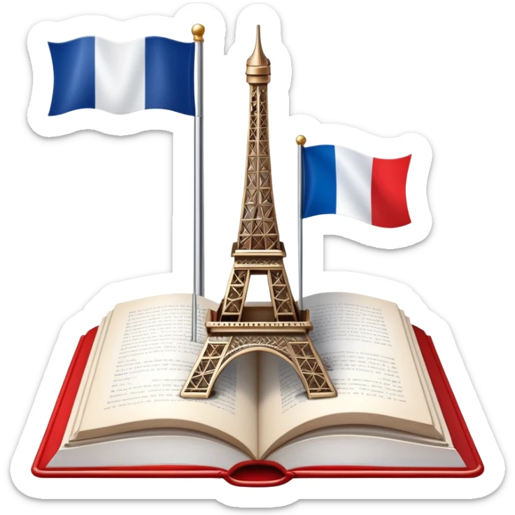 An icon featuring the Eiffel Tower and the flag of France, symbolizing the French language. The design includes an open book, representing language learning and cultural elegance. Transparent background highlights the beauty of French heritage. sticker