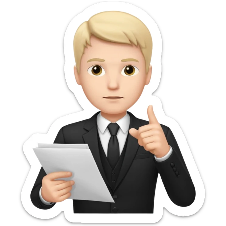 A white man in a black suit stands with a serious face and points at his hand holding papers. sticker
