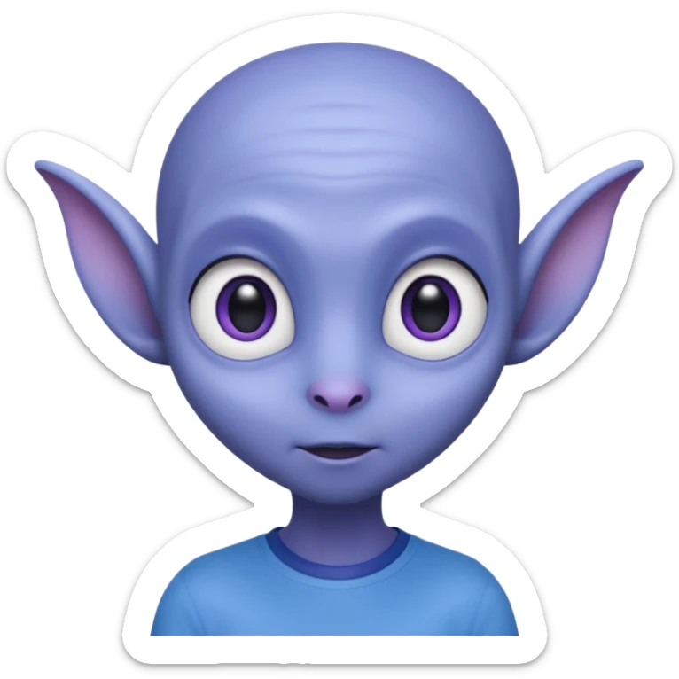 Portrait of an cute alien with smooth purple-blue skin, small antennae, large black oval eyes, small nose, and visible ears, elongated head, front-facing, wearing blue t-shirt, soft glow, simple futuristic design sticker