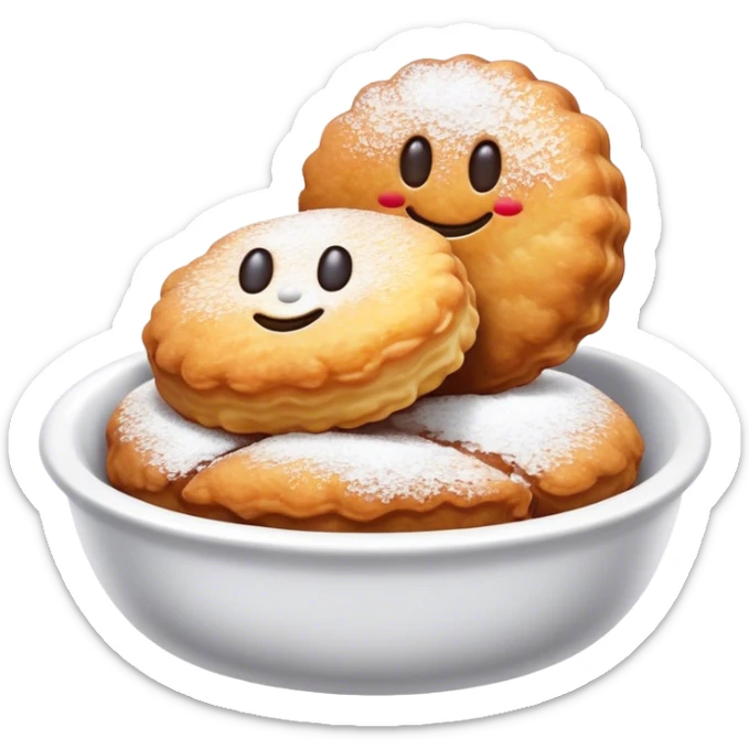 Buñuelo Cinematic Realistic Buñuelo Dessert Emoji, depicted as perfectly round, fluffy fritters served in a small bowl with a dusting of powdered sugar, rendered with vibrant textures and warm, inviting lighting. sticker