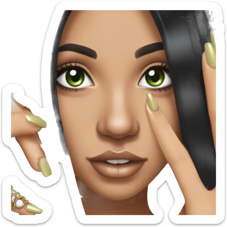 Glamorous, streetwear, black hair, long straight hair, olive skin, green almond eyes, winged eyeliner with big lashes, wearing hooped earrings, rings and bracelets, almond fake nails sticker